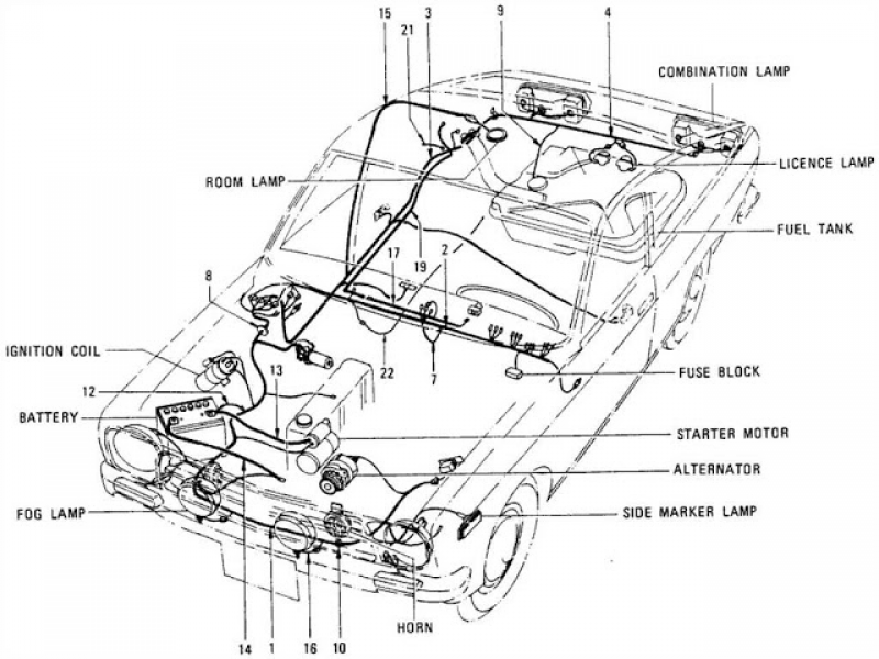 Datsun Sunny 1200 Parts illustration no. 027-2 Wiring (Coupe)